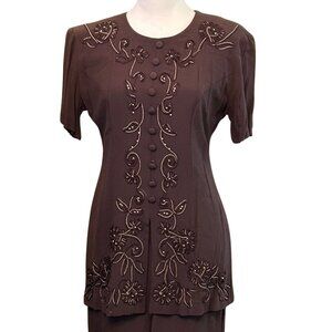 Vintage 1980's two piece set Blouse and Skirt - Beaded Floral Details